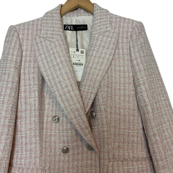 Zara Pink & Silver Tweed Blazer Double Breasted Tailored Jacket Size L NWT - Picture 13 of 14